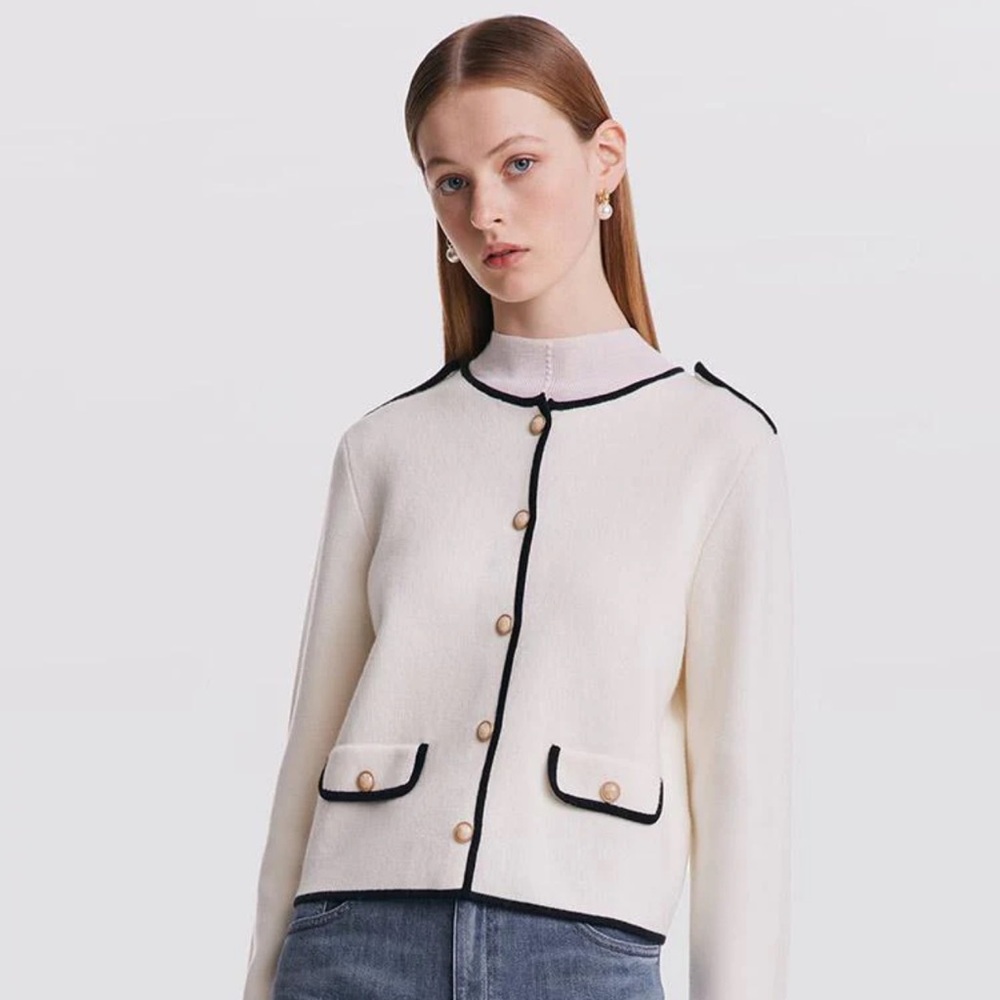 Classic "Chanel Style" 100% Wool Blend Contrast Trim cardigan